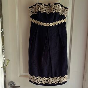 Blue and Gold Appliqué Strapless Dress